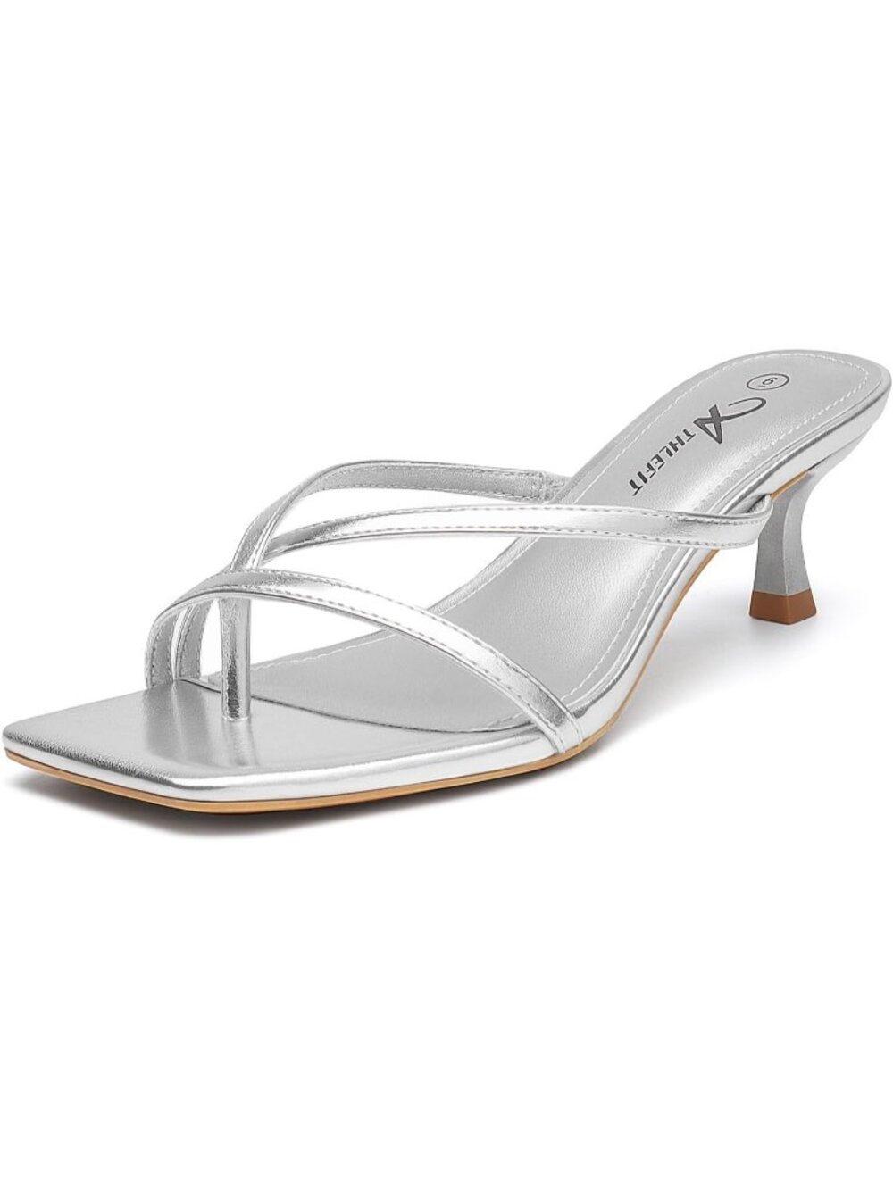 Women's Silver Strappy Kitten Heels Flip Flops Square Open Toe Low Heels Fashion